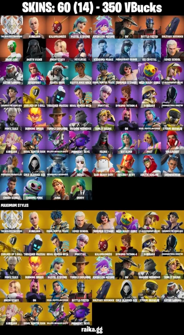 60 skins | The Ageless Champion | Aurelian | Kalamadness | Pastel Stryder | Ascension Nezumi | On | Battle-Tested | A0747
