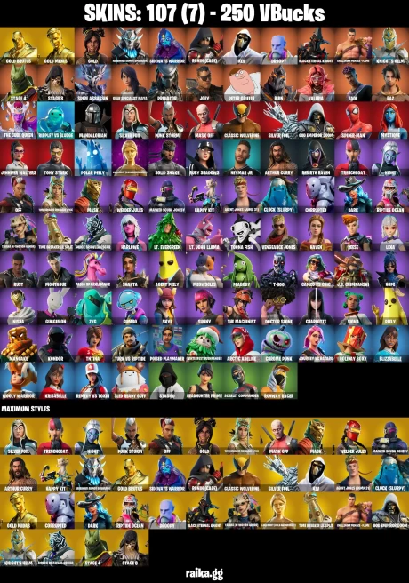 107 skins | Gold Midas | Gold Brutus | Peter Griffin | Mandalorian | Spider-Man | Take The Elf | Hot Marat | GOLD | A0795