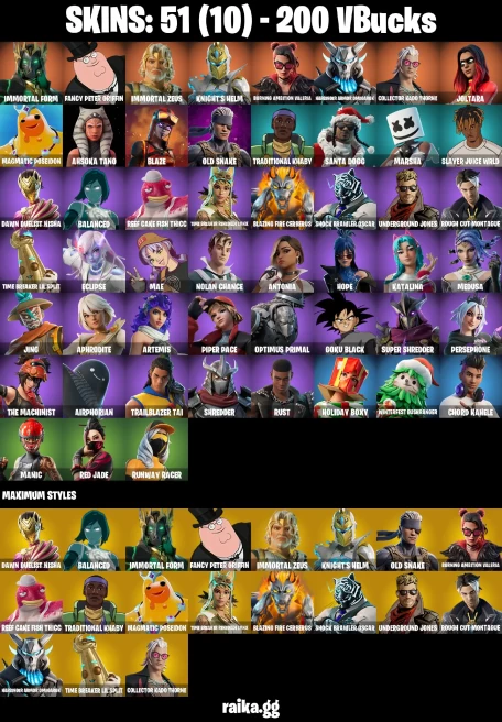 51 skins | Joltara | Immortal Form | Fancy Peter Griffin | Immortal Zeus | Knight's Helm | Burning Ambition Valeria | A0804