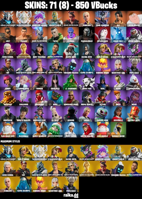 71 skins | Peter Griffin | Mandalorian | Spider-Gwen | Harbinger Armor Omegarok | The Ageless Champion | A0850