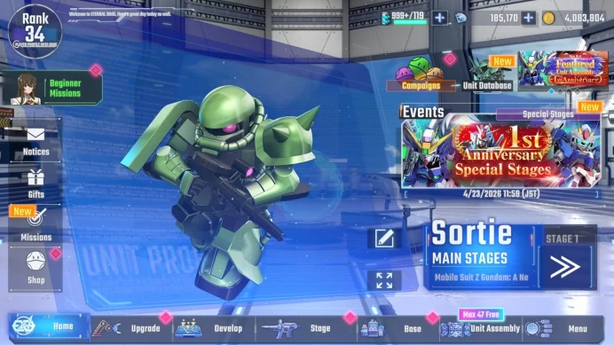 Global Rank 34 | Freedom Gundam,Sazabi,Gundam Ez8,Zeong | 185+K Diamond | 4Gundam UR + 2SSR Supp | Bandai Check SS RA268B