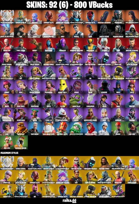 92 skins | Astroworld Cyclone | Peter Griffin | Mandalorian | The Ageless Champion | Knight's Helm | Droopy | A0936