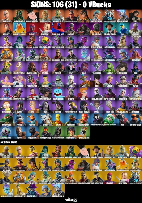 106 skins | Skull Trooper | Eren Jaeger | Spider-Man 2099 | Aurelian | Immortal Form | Fancy Peter Griffin | A0951