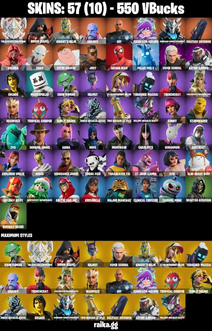 57 skins | Peter Griffin | Spider-Man | The Ageless Champion | Ronin (Cape) | Knight's Helm | Droopy | off | A0967