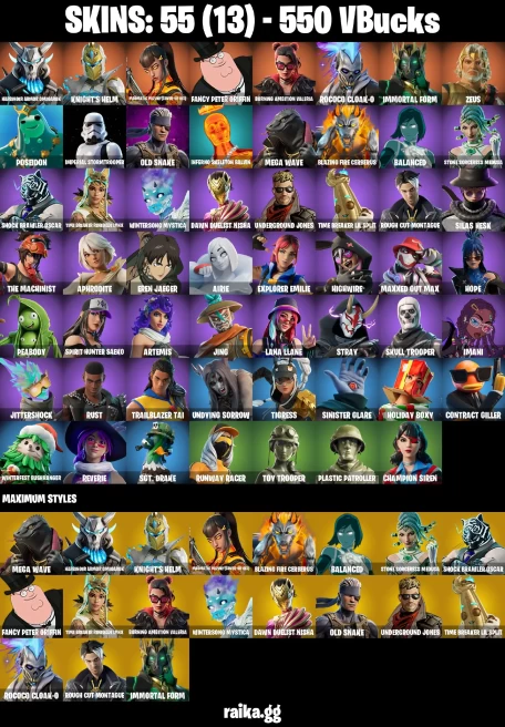 55 skins | Skull Trooper | Eren Jaeger | Harbinger Armor Omegarok | Knight's Helm | Magmatic Mizuki (Cover-up Off) | A1001