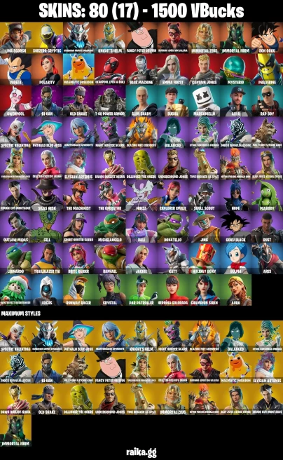 80 skins | Son Goku | Lina Scorch | Subzero Cryptic | Harbinger Armor Omegarok | Knight's Helm | Fancy Peter Griffin | A1006