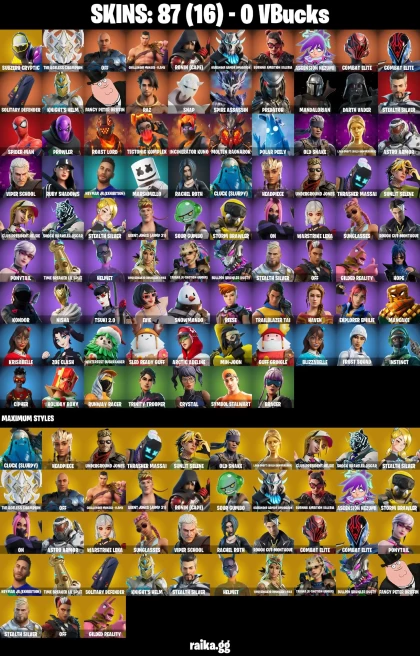 87 skins | Mandalorian | Spider-Man | Subzero Cryptic | The Ageless Champion | off | Challenger Menace - Flame | A1019