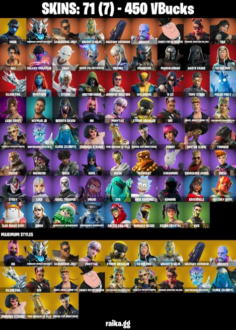 71 skins | Lara Croft | Skull Trooper | Mandalorian | Mizuki | Fixer | Harbinger Armor Omegarok | Sandstone Joey | A1039
