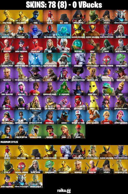 78 skins | Gold Midas | Gold Brutus | Spider-Man | Fixer | STAGE 5 | HAT - DARK | Ronin (Cape) | STAGE 4 | STAGE 8 | A1046
