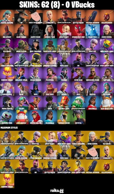 62 skins | Spider-Man Zero | Pastel Stryder | On | Fancy Peter Griffin | Aurelian | Burning Ambition Valeria | A1057