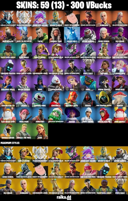 59 skins | Harbinger Armor Omegarok | The Ageless Champion | Ascension Nezumi | Knight's Helm | Fancy Peter Griffin | A1067