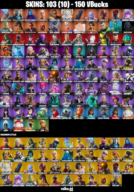 103 skins | Lara Croft | Peter Griffin | Spider-Gwen | Rococo Cloak-o | Harbinger Armor Omegarok | Sideways Warrior | A1075