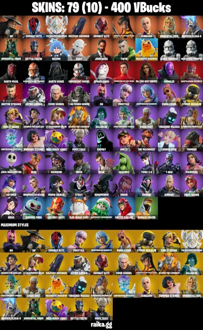 79 skins | John Wick | Spider-Man (No Way Home) | Spider-Gwen | On | Combat Elite | The Ageless Champion | A1080