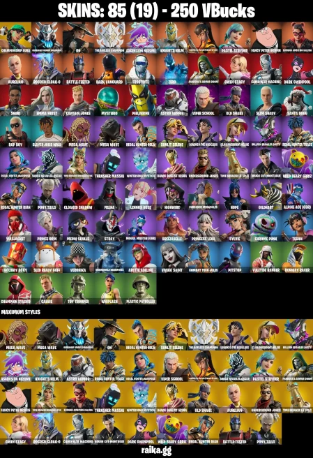 85 skins | Championship Aura | Harbinger Armor Omegarok | On | The Ageless Champion | Ascension Nezumi | Knight's Helm | A1084