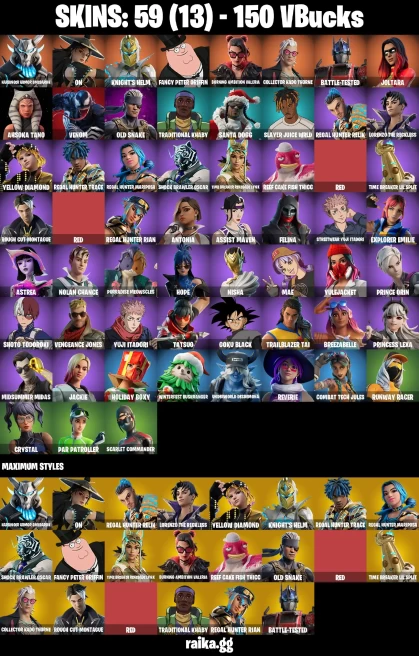 59 skins | Joltara | Harbinger Armor Omegarok | On | Knight's Helm | Fancy Peter Griffin | Burning Ambition Valeria | A1091