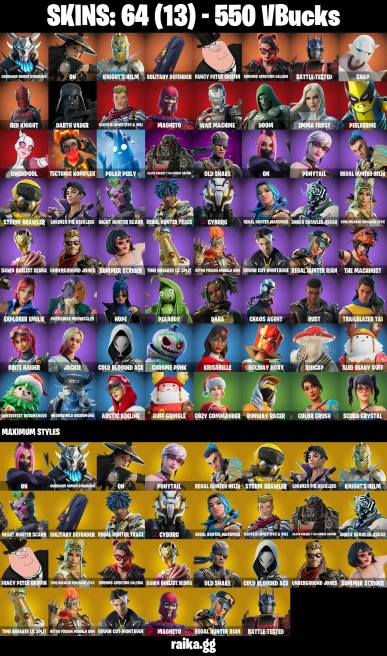 64 skins | Harbinger Armor Omegarok | On | Knight's Helm | Solitary Defender | Fancy Peter Griffin | A1092