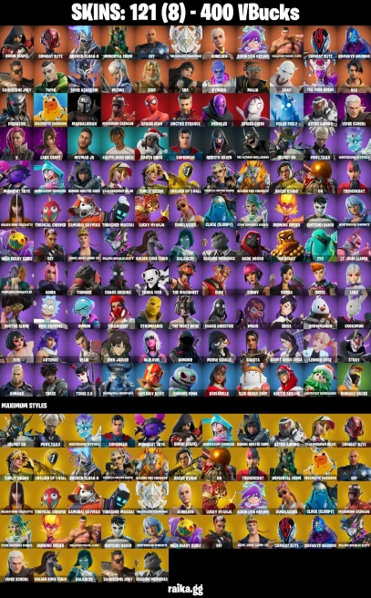 121 skins | Lara Croft | Eren Jaeger | Mandalorian | Mizuki | Spider-Man | Take The Elf | Spider-Gwen | Ronin (Cape) | A1152