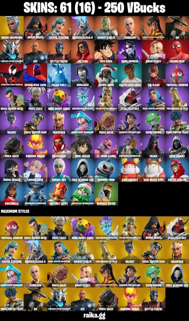 61 skins | Son Goku | Eren Jaeger | Joltara | Spider-Man | Spider-Man (Miles Morales) | Spider-Man 2099 | Recon Champion | A1155