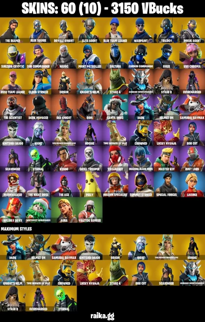 60 skins | The Reaper | Royale Knight | Blue Squire | Take The L | Skull Trooper | Orange Justice | Elite Agent | A1158
