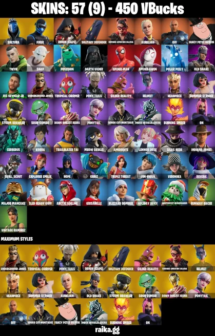 57 skins | Spider-Man | Spider-Gwen | Sultura | Fixer | Ronin (Cape) | Solitary Defender | Burning Ambition Valeria | A1163