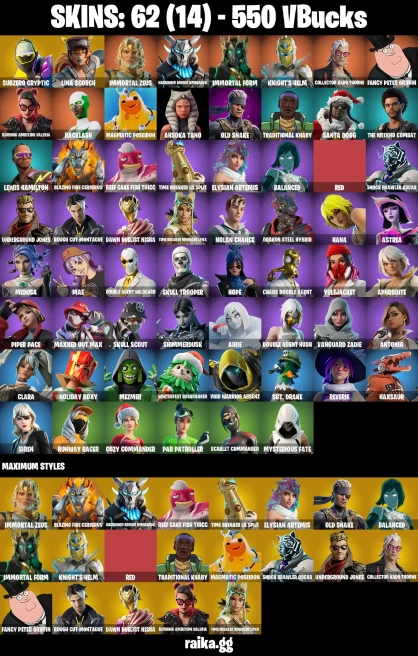 62 skins | Skull Trooper | Subzero Cryptic | Lina Scorch | Immortal Zeus | Harbinger Armor Omegarok | Immortal Form | A1210