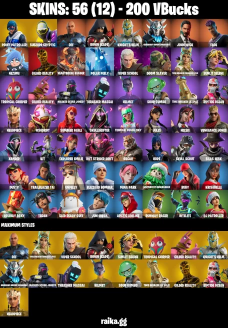 56 skins | John Wick | Point Patroller | Subzero Cryptic | off | Ronin (Cape) | Knight's Helm | Harbinger Armor Omegarok | A1213