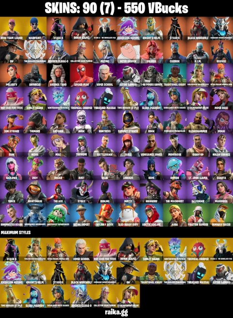 90 skins | Orange Justice | Peter Griffin | Mizuki | Spider-Man | Take The Elf | Hot Marat | Rose Team Leader | Warpaint | A1229