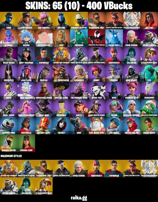 65 skins | Joltara | Peter Griffin | Spider-Man (Miles Morales) | Fixer | Lina Scorch | Vivi Chroma | Sultura | A1238