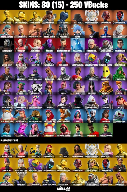 80 skins | Skull Trooper | Gold Midas | Gold Brutus | Mandalorian | Gold Meowscles | Lina Scorch | Tart Tycoon | A1241