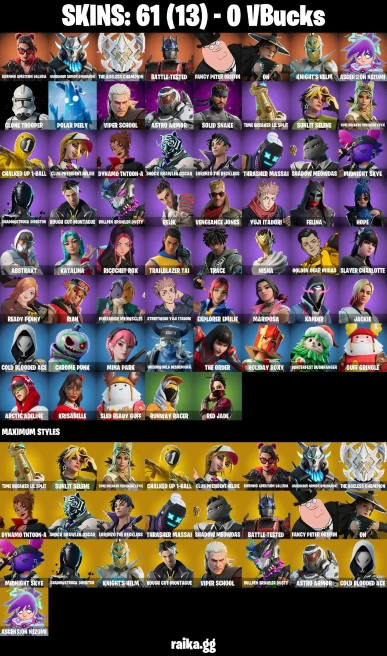 61 skins | Burning Ambition Valeria | Harbinger Armor Omegarok | The Ageless Champion | Battle-Tested | A1262