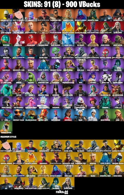 91 skins | Sasuke Uchiha | Spider-Man | Subzero Cryptic | Fancy Peter Griffin | Droopy | Burning Ambition Valeria | A1294