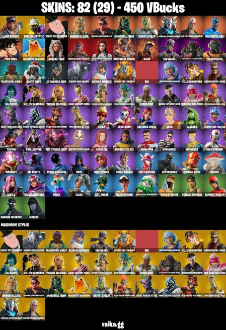 82 skins | Son Goku | Lina Scorch | Subzero Cryptic | Fancy Peter Griffin | Immortal Zeus | Burning Ambition Valeria | A1320
