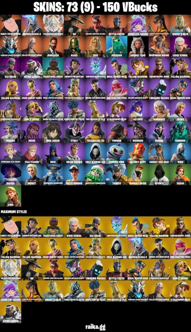 73 skins | John Wick | Eren Jaeger | Fancy Peter Griffin | Rococo Cloak-o | The Ageless Champion | On | A1334