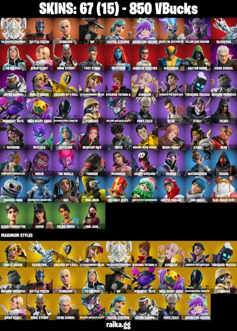 67 skins | The Ageless Champion | Battle-Tested | Aurelian | On | Pastel Stryder | Ascension Nezumi | A1344