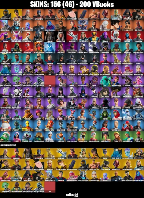 156 skins | John Wick | Lara Croft | Skull Trooper | Ghoul Trooper | Son Goku | Sasuke Uchiha | Eren Jaeger | Spider-Man | A1347