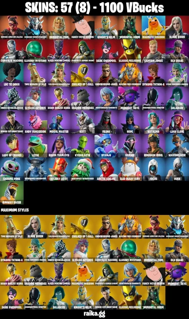 57 skins | Burning Ambition Valeria | Harbinger Armor Omegarok | Immortal Zeus | Fancy Peter Griffin | Knight's Helm | A1370