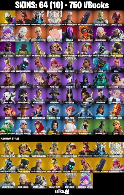 64 skins | Peter Griffin | Subzero Cryptic | Burning Ambition Valeria | Harbinger Armor Omegarok | The Ageless Champion | A1373