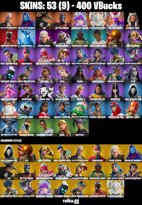 53 skins | Collector Kado Thorne | Sideways Warrior | On | Battle-Tested | Ascension Nezumi | The Ageless Champion | A1381