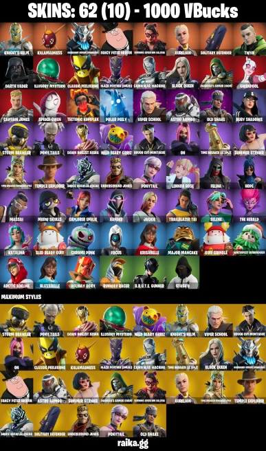 62 skins | Spider-Gwen | Knight's Helm | Kalamadness | Harbinger Armor Omegarok | Fancy Peter Griffin | A1418