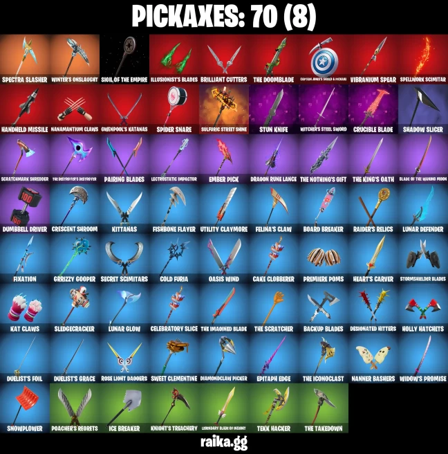 62 skins | Spider-Gwen | Knight's Helm | Kalamadness | Harbinger Armor Omegarok | Fancy Peter Griffin | A1418