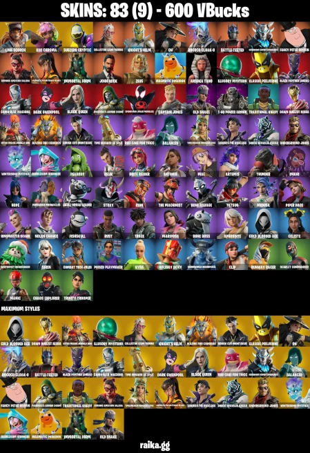 107 skins | John Wick | Spider-Man (Miles Morales) | Lina Scorch | Vivi Chroma | Subzero Cryptic | Collector Kado Thorne | A1475