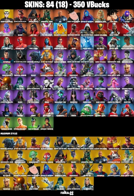 84 skins | Son Goku | Naruto Uzumaki | Joltara | Spider-Man | Burning Ambition Valeria | Ronin (Cape) | Immortal Form | A1496
