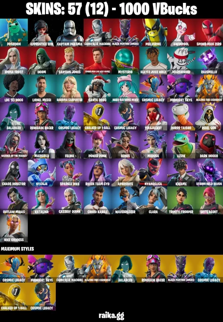 57 skins | Spider-Man (No Way Home) | Spider-Man Zero | Poseidon | Apprentice Evie | Captain Phasma | Camo War Machine | A1606