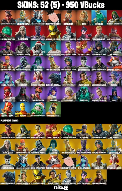 52 skins | Burning Ambition Valeria | Knight's Helm | Harbinger Armor Omegarok | Fancy Peter Griffin | Crackshot | Zeus | A1637