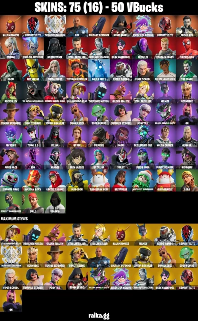 75 skins | Eren Jaeger | Mizuki | Spider-Man | Kalamadness | Combat Elite | The Ageless Champion | off | A1640