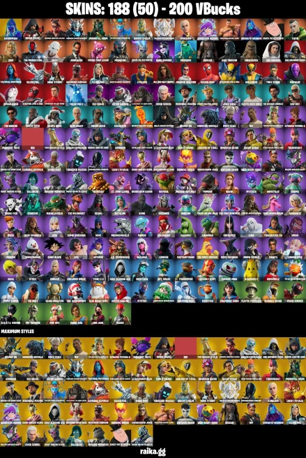 188 skins | John Wick | Candy Axe | Spider-Man | Spider-Man (No Way Home) | Spider-Gwen | Andromeda | Ronin (Cape) | A1654