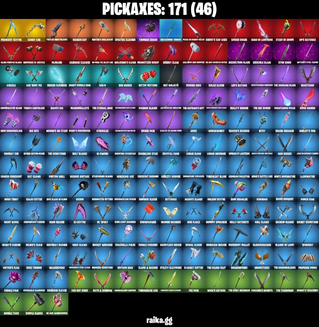 188 skins | John Wick | Candy Axe | Spider-Man | Spider-Man (No Way Home) | Spider-Gwen | Andromeda | Ronin (Cape) | A1654