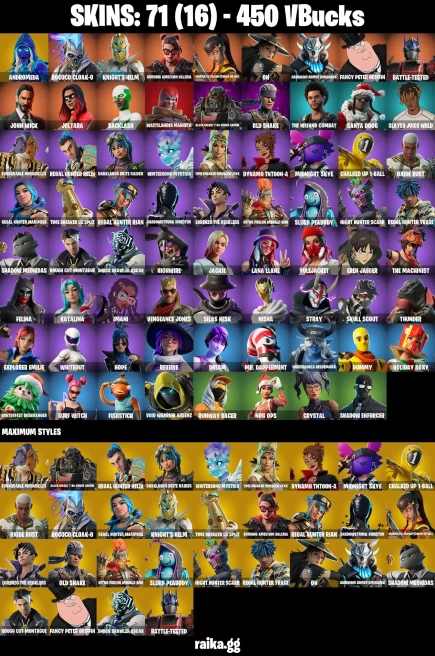 71 skins | John Wick | Eren Jaeger | Joltara | Andromeda | Rococo Cloak-o | Knight's Helm | Burning Ambition Valeria | A1668