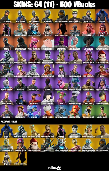 64 skins | The Reaper | Royale Knight | Blue Squire | Take The L | Orange Justice | Naruto Uzumaki | Kakashi Hatake | A1674