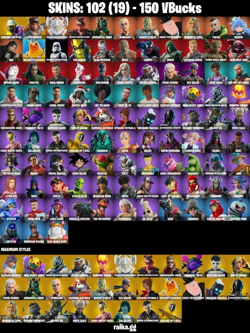 102 skins | Renegade Raider | Spider-Gwen | Subzero Cryptic | Lina Scorch | The Ageless Champion | A1680